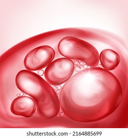 Illustration with beautiful realistic air bubbles with bright glare, floating in water or other liquid, in red color