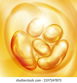 Illustration with beautiful realistic air bubbles with bright glare, floating in water or other liquid, in yellow color