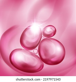 Illustration with beautiful realistic air bubbles with bright glare, floating in water or other liquid, in crimson color