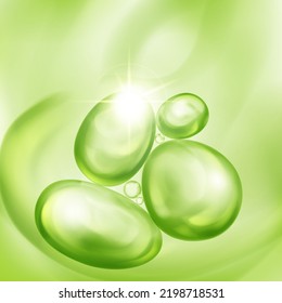Illustration with beautiful realistic air bubbles with bright glare, floating in water or other liquid, in light green color