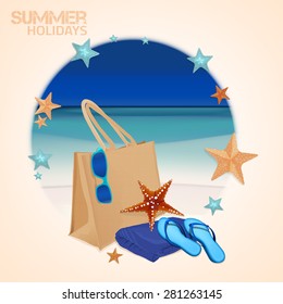 The illustration of  beautiful realistic beach bag with thongs, towel and googles on a seashore. Totally vector image in a circle decorative frame.
