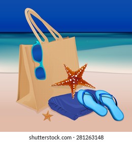 The illustration of  beautiful realistic beach bag with thongs, towel and googles on a seashore. Totally vector image.