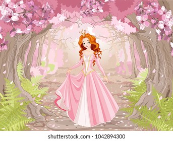 Illustration of beautiful red haired princess on spring forest background 