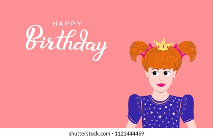 Illustration of beautiful red haired princess in blue dress with crown on her head, pink background. Hand drawn design vector Happy Birthday greeting card, typography poster.