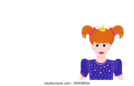 Illustration of beautiful red haired princess in blue dress with crown on her head, white background. Hand drawn design vector illustration for girls clothes, postcard, poster, print for baby apparel