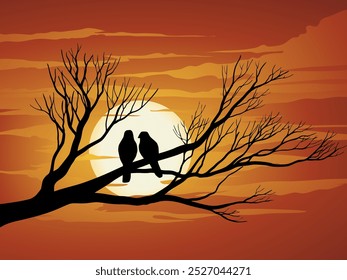 Illustration of beautiful red sunset with a couple of birds on tree branch