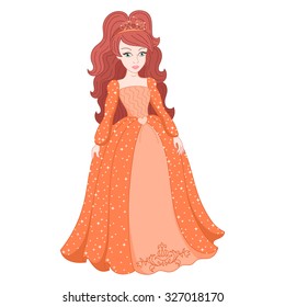 Illustration of beautiful red-haired princess, gorgeous princess in shining peach dress with spangles, vector illustration