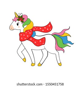 Illustration of beautiful running Christmas unicorn for children design. Rainbow hair. Isolated. Cute fantasy animal.