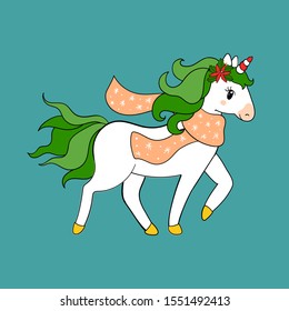 Illustration of beautiful running Christmas unicorn for children design. Rainbow hair. Isolated. Cute fantasy animal.