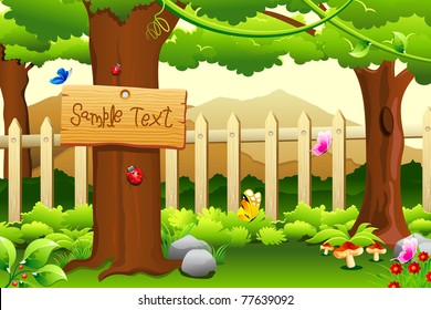 illustration of beautiful rural garden scene with trees and mountain