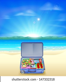 An illustration of a beautiful sandy tropical beach with a suitcase full of holiday or vacation essentials