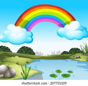 Illustration of a beautiful scenery with a rainbow in the sky