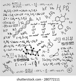 The illustration of beautiful scientific background with black handwriting typography. Chemical class blackboard. Totally vector fully scalable image.