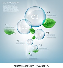 The illustration of beautiful scientific bio infographics with transparent bubbles and fresh leaves. Ecology concept. Vector image.