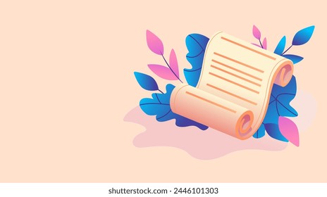 Illustration einer schönen Schriftrolle mit Blumen. Vorlage für die Präsentation von Rechtsanwälten und Verträgen.