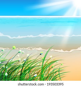 The illustration of beautiful sea background with spectacular sunshine and dune grass. Vector image.
