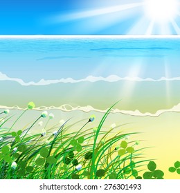 The illustration of beautiful sea background with spectacular sunshine and dune grass. Vector image.