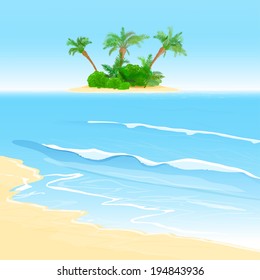 The illustration of beautiful seashore background with small tropical island. Vector image.
