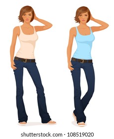 illustration of beautiful short haired young girl in flare jeans and tank top