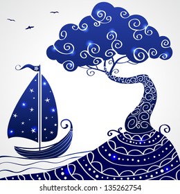 illustration beautiful of the silhouette tree and ship