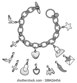 Illustration of beautiful silver bracelet full of cute charms