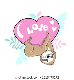 Illustration of a beautiful sloth sits on a pink heart and the inscription love on a white background. Valentine's Day Greeting Card