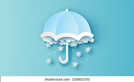 Illustration of beautiful snow fall inside umbrella. Graphic design for winter. Merry Christmas. paper cut and craft style. vector, illustration.