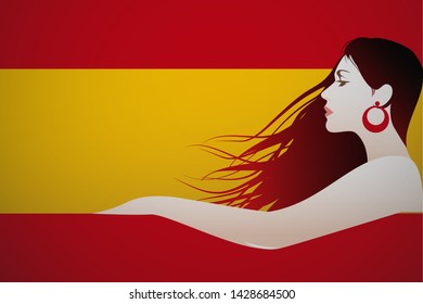 Illustration of beautiful Spanish woman integrated in the flag of Spain