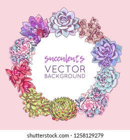 The illustration with beautiful succulents decoration. Vector floral wreath. Botanical background template.