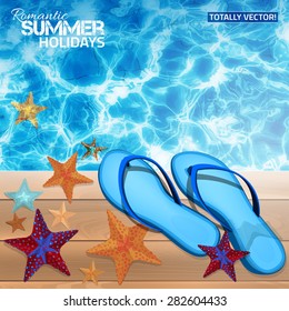 The illustration of beautiful summer background with blue water surface and sun reflections, flip-flops and starfish on a wooden gangway. Totally vector image. Ideal lake, sea and ocean texture.
