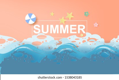 illustration of Beautiful summer beach poster background. Creative design paper cut and craft style. Summertime sea wave for card and banner.minimal pastel color.Holiday space your text.vector. EPS10
