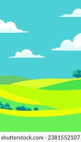 Illustration of beautiful summer fields landscape with a dawn, green hills and blue sky. Countryside background in flat cartoon style banner.