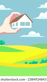 Ilustración del hermoso paisaje de los campos de verano con un amanecer, colinas verdes y cielo azul. Fondo de campo con caricatura plana. Mano sosteniendo una casa minimalista.