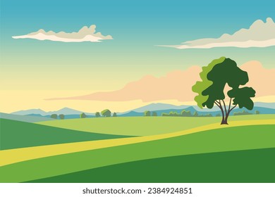 Illustration of beautiful summer fields landscape with a dawn, green hills and blue sky. Countryside background in flat cartoon style banner.