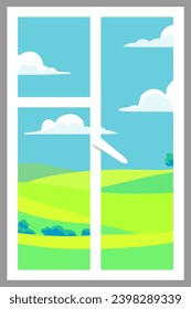 Illustration of beautiful summer fields landscape with a dawn, green hills and blue sky. Countryside background in flat cartoon style banner. View from window