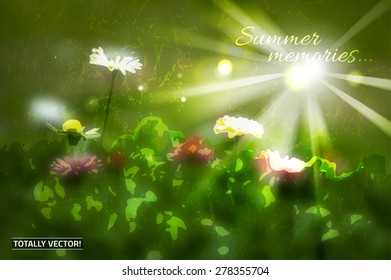 The illustration of  beautiful summer grass and wildflower background. Realistic graphic style. Artistic and unique textured concept. Totally vector image.