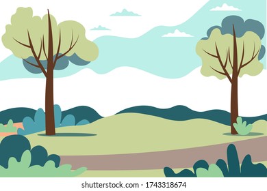 Illustration of a beautiful summer landscape of fields and forest with dawn, green hills, bright blue sky, footpath and bike path - abstract background or wallpaper for banner, greeting card