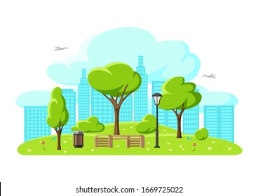 Illustration of beautiful summer or spring city park. Urban public space with lawn and trees for walking and relaxing.