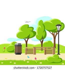 Illustration of beautiful summer or spring city park. Urban public space with lawn and trees for walking and relaxing.