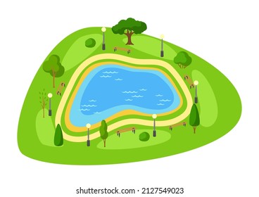 Illustration Of Beautiful Summer Or Spring City Park. Urban Public Space With Lake, Lawn And Trees For Walking.