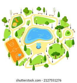 Illustration Of Beautiful Summer Or Spring City Park. Urban Public Space With Lake, Lawn And Trees For Walking.