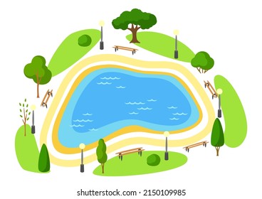 Illustration Of Beautiful Summer Or Spring City Park. Urban Public Space With Lake, Lawn And Trees For Walking.