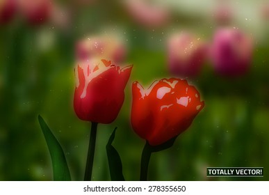 The illustration of  beautiful summer tulips field. Creative and unique textured graphic style. Totally vector image.