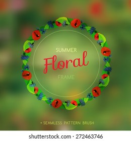 The illustration of  beautiful summer wreath on a natural foliage background. Seamless pattern brush included. Totally vector image.