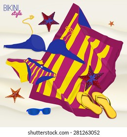 The illustration of beautiful sunbath supplies: bikini, beach mat, thongs and sunglasses. Bright and vivid summer elements. Vector image. 