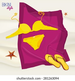 The illustration of beautiful sunbath supplies: bikini, beach mat, thongs and sunglasses. Bright and vivid summer elements. Vector image. 