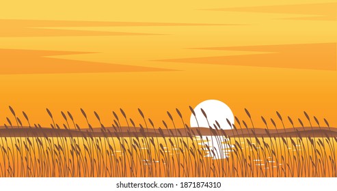 Illustration of a beautiful sunset on the beach. Orange beach and silhouettes of hills and grassland. Landscape background design.