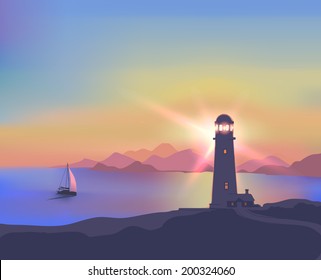 Illustration with a beautiful sunset, sea, lighthouse, ship, mountains 