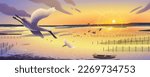 Illustration of beautiful sunset view of Qigu Lagoon in Tainan, Taiwan. Panorama sunset view and flock of black-faced spoonbill flying on the sky.