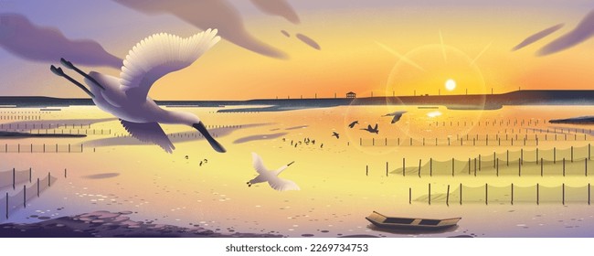 Illustration der schönen Sonnenuntergang Blick auf Qigu Lagoon in Tainan, Taiwan. Panoramablick auf den Sonnenuntergang und Herde von schwarzem Löffel, der am Himmel fliegt.